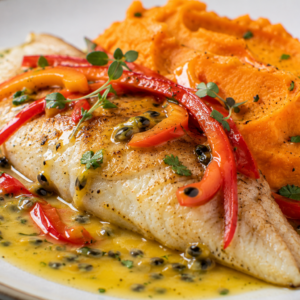 Schlossgarten Catering Fischfilet Sauce Paprika Süßkartoffelpüree