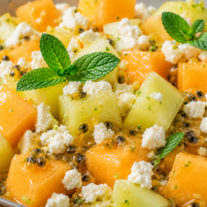 Schlossgarten Catering Melonensalat Passionsfruchtdressing weiße Schokolade Crumble