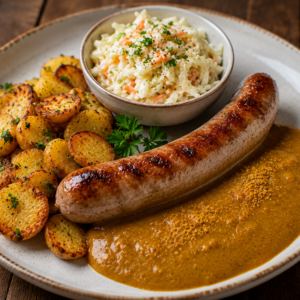 Schlossgarten Catering Rostbratwurst Currysauce Krautsalat Kartoffeln