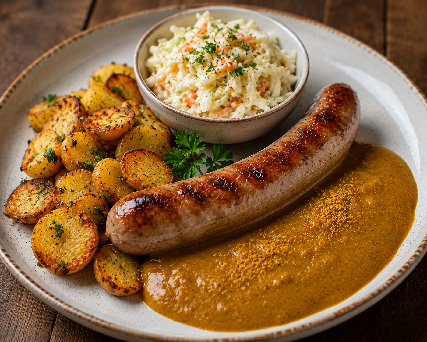 Schlossgarten Catering Rostbratwurst Currysauce Krautsalat Kartoffeln Schlossgarten Catering Rostbratwurst Currysauce Krautsalat Kartoffeln