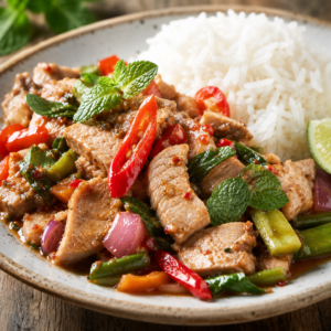 Schlossgarten Catering Schweinefleisch Thai Style Peperoni Minze Gemüse Reis