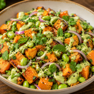 Schlossgarten Catering Süßkartoffelsalat Edamame Kräuter Miso Avocadodressing