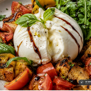 Schlossgarten Catering Burrata Brotsalat Tomate Basilikum Rucola Balsamico