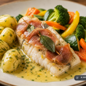 Schlossgarten Catering Fisch Saltimbocca Prosciutto Salbei Buttersauce Gemüse Kartoffeln