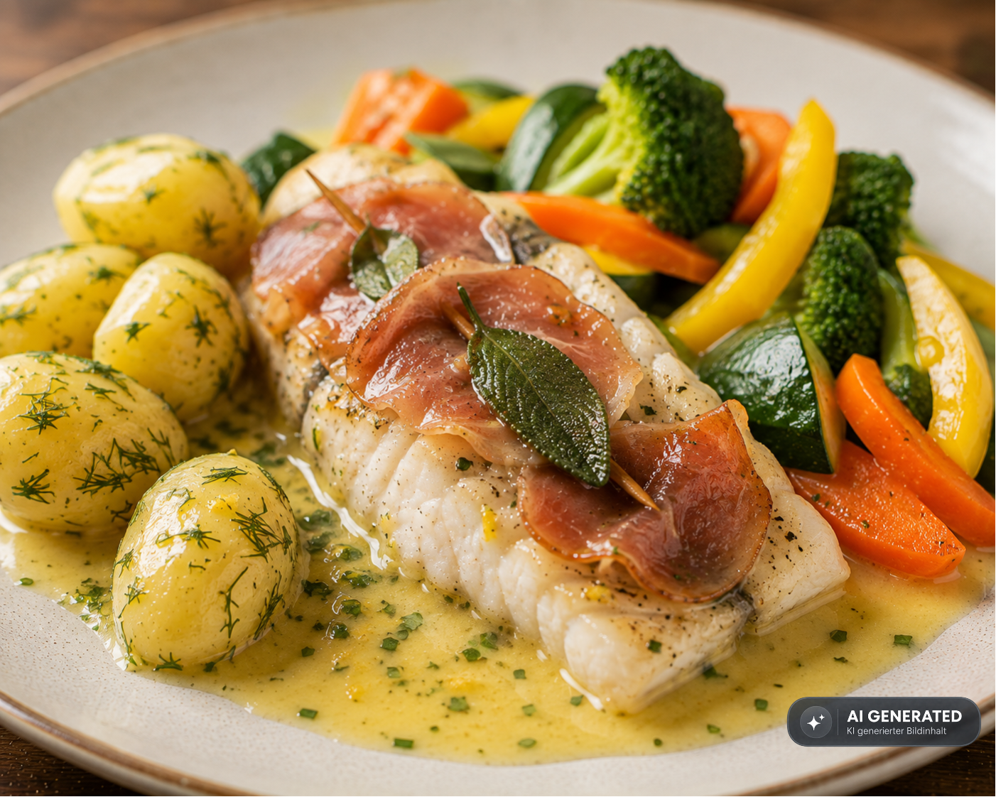 Schlossgarten Catering Fisch Saltimbocca Prosciutto Salbei Buttersauce Gemüse Kartoffeln Schlossgarten Catering Fisch Saltimbocca Prosciutto Salbei Buttersauce Gemüse Kartoffeln