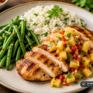 Schlossgarten Catering Hähnchenbrust Ananas Salsa Bohnen Reis