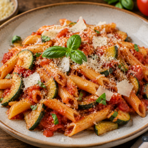 Schlossgarten Catering Pasta Tomatensugo Zucchini Käse