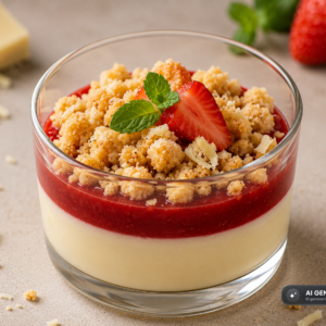 Schlossgarten Catering Pudding weiße Schokolade Fruchtsauce Crumble