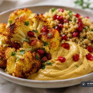 Schlosssgarten Catering Gebackener Blumenkohl Hummus Bulgur Granatapfel
