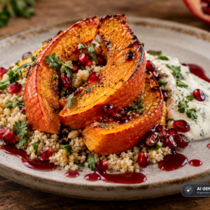 Schlossgarten Catering Gebackener Hokkaidokürbis Couscous Granatapfeljus Kräutercreme