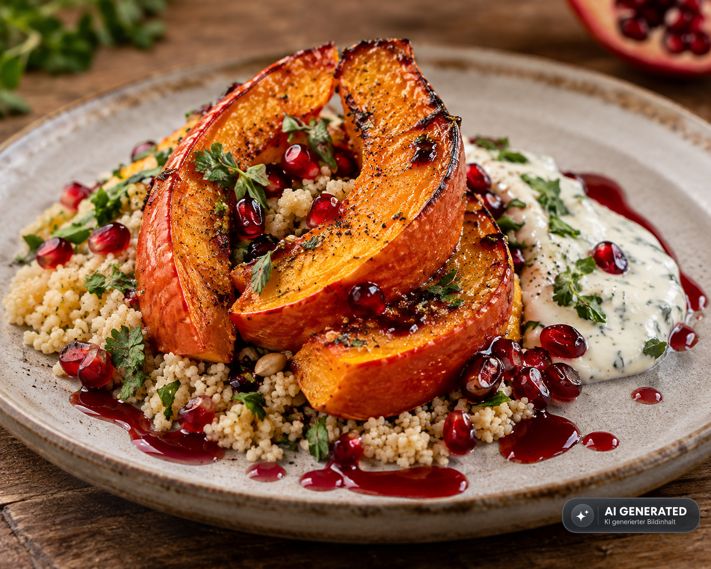 Schlossgarten Catering Gebackener Hokkaidokürbis Couscous Granatapfeljus Kräutercreme Schlossgarten Catering Gebackener Hokkaidokürbis Couscous Granatapfeljus Kräutercreme