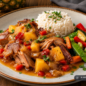 Schlossgarten Catering Geschmortes Schweinefleisch Ananas-Pfeffersauce Gemüse Reis