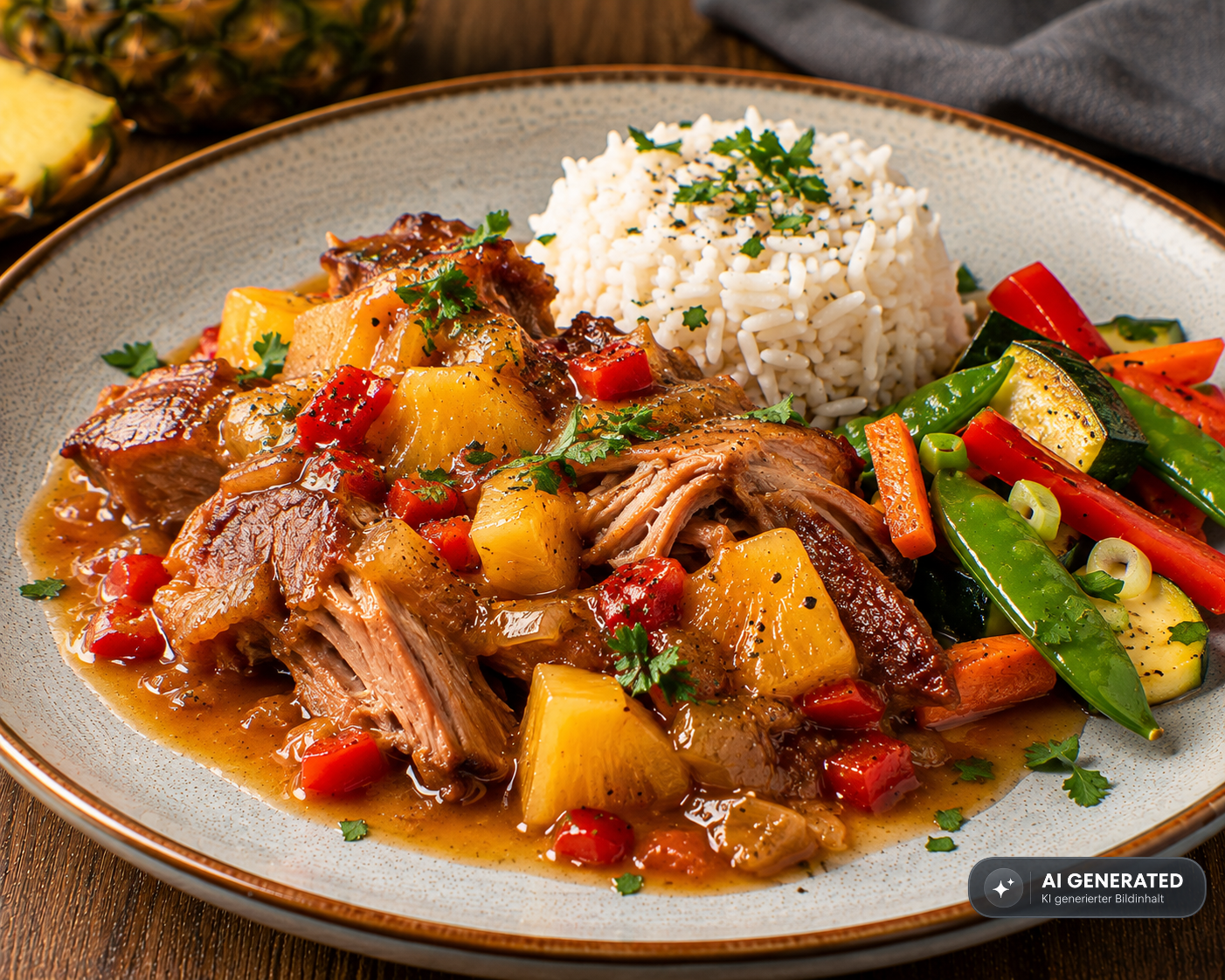 Schlossgarten Catering Geschmortes Schweinefleisch Ananas-Pfeffersauce Gemüse Reis Schlossgarten Catering Geschmortes Schweinefleisch Ananas-Pfeffersauce Gemüse Reis