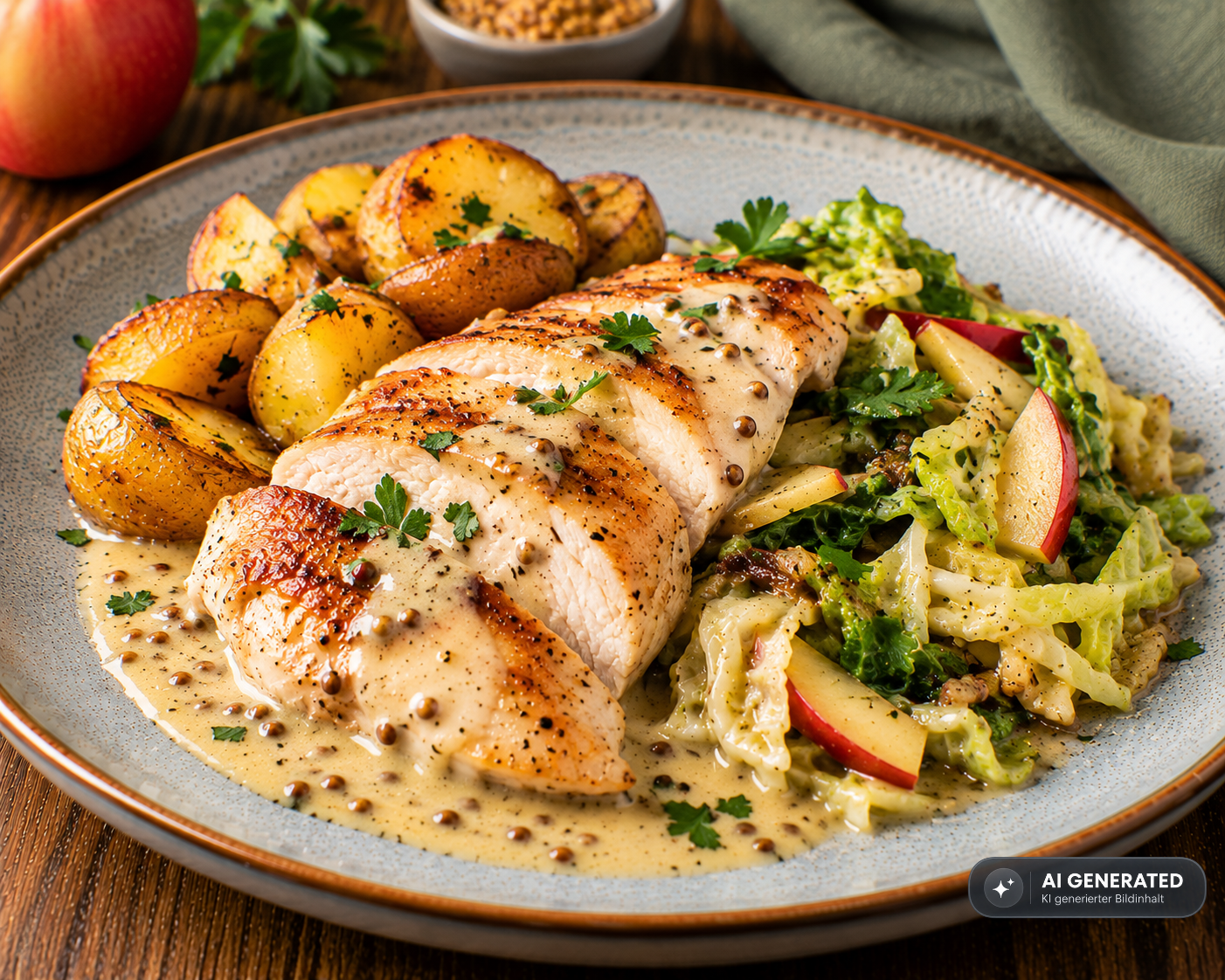 Schlossgarten Catering Hähnchenbrust Senfrahmsauce Apfel Wirsing Kartoffeln Schlossgarten Catering Hähnchenbrust Senfrahmsauce Apfel Wirsing Kartoffeln