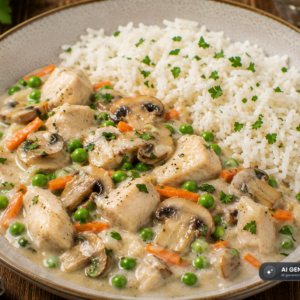 Schlossgarten Catering Hühnerfrikassee Champignon Erbsen Reis