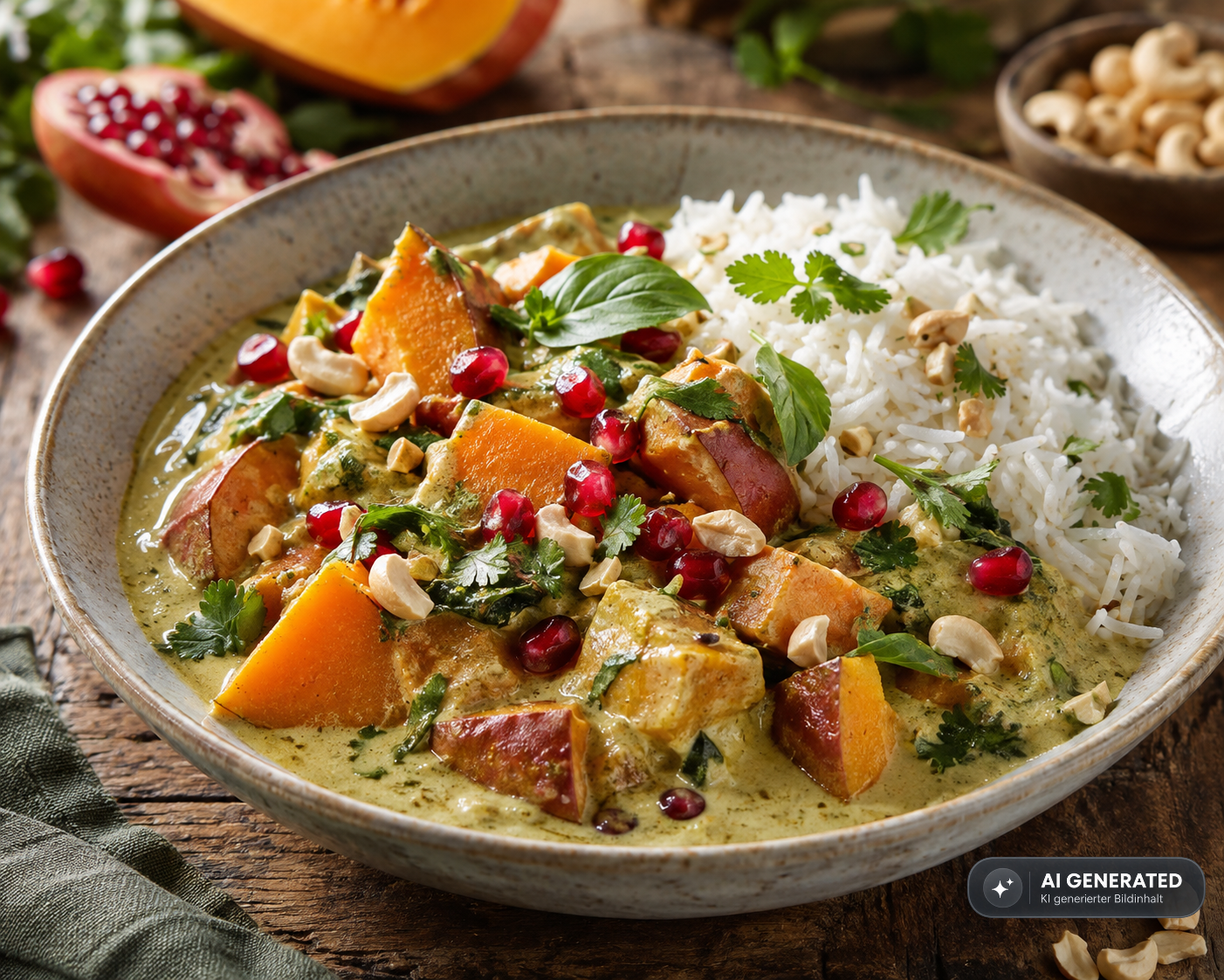 Schlossgarten Catering Kürbiscurry Süßkartoffel Granatapel Reis Schlossgarten Catering Kürbiscurry Süßkartoffel Granatapel Reis