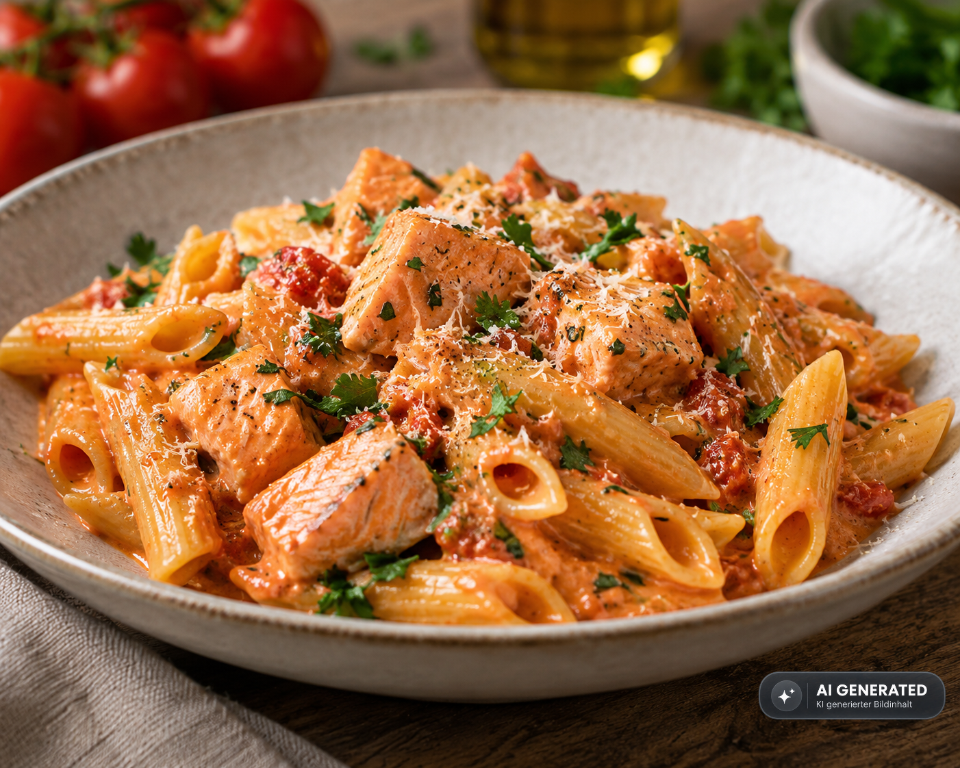 Schlossgarten Catering Passta Lachswürfel Tomatensauce Schlossgarten Catering Passta Lachswürfel Tomatensauce