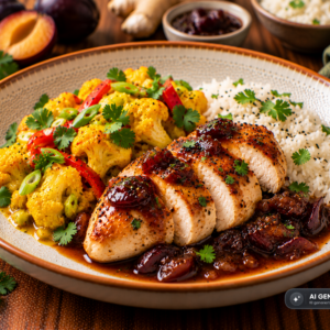 Glasiertes Hähnchen mit Curry-Blumenkohl und Reis