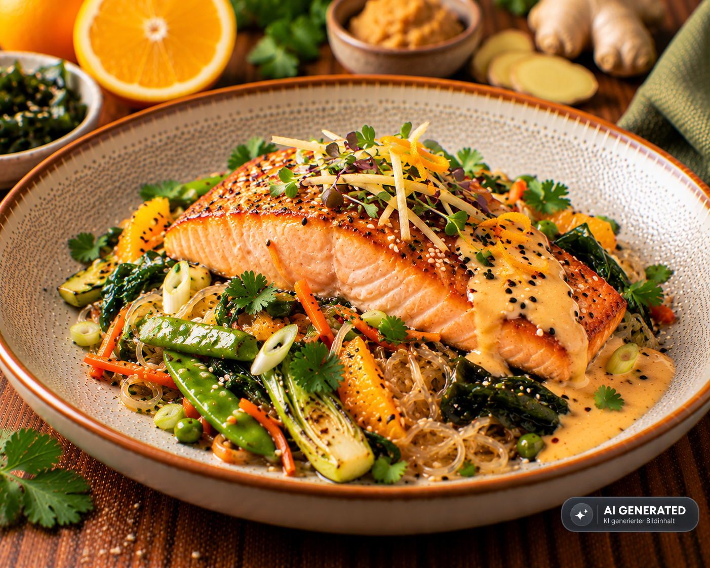 Glasnudeln mit Miso-Orangen-Lachs Glasnudeln mit Miso-Orangen-Lachs