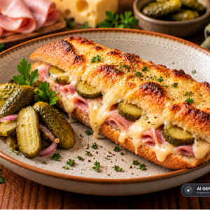 Knuspriges Baguette mit Schinken und Käse