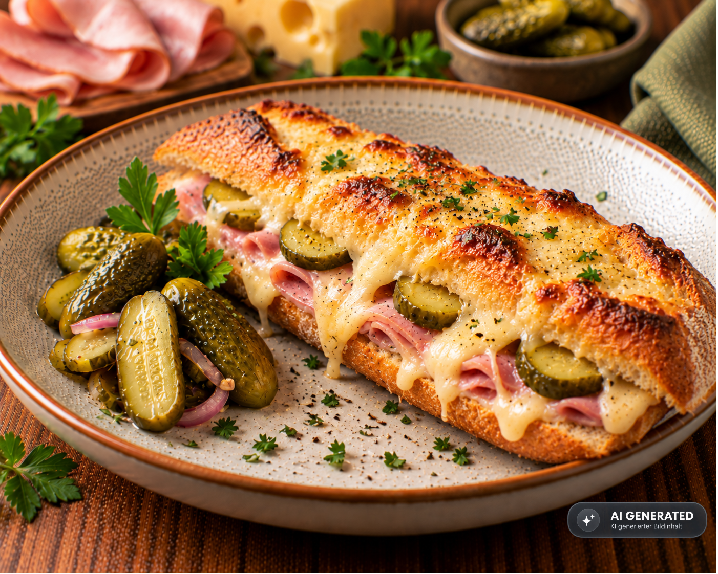 Knuspriges Baguette mit Schinken und Käse Knuspriges Baguette mit Schinken und Käse