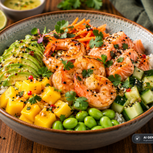 Schlossgarten Catering Garnelen-Lachs Bowl Avocadao Mango Gurke Edamame Reis
