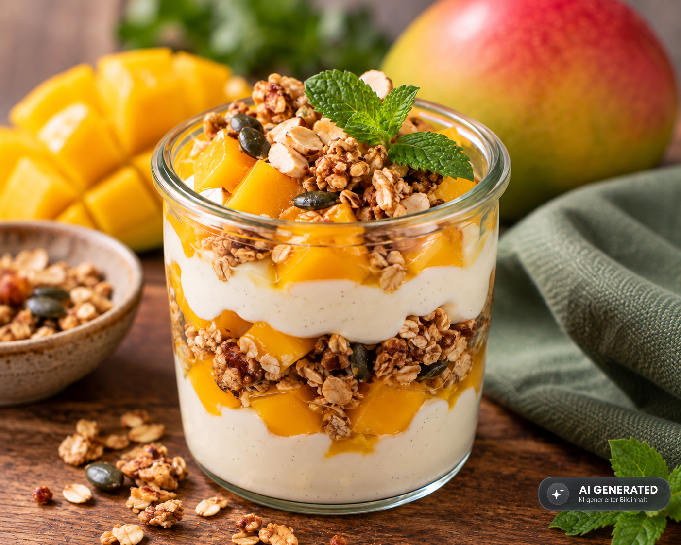 Schlossgarten Catering Mango Joghurt Parfait Granola Minze Schlossgarten Catering Mango Joghurt Parfait Granola Minze