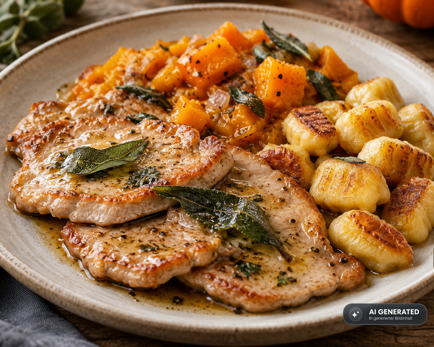 Schlossgarten Catering Scaloppine Salbeibutter Kürbis Gnocchi Schlossgarten Catering Scaloppine Salbeibutter Kürbis Gnocchi